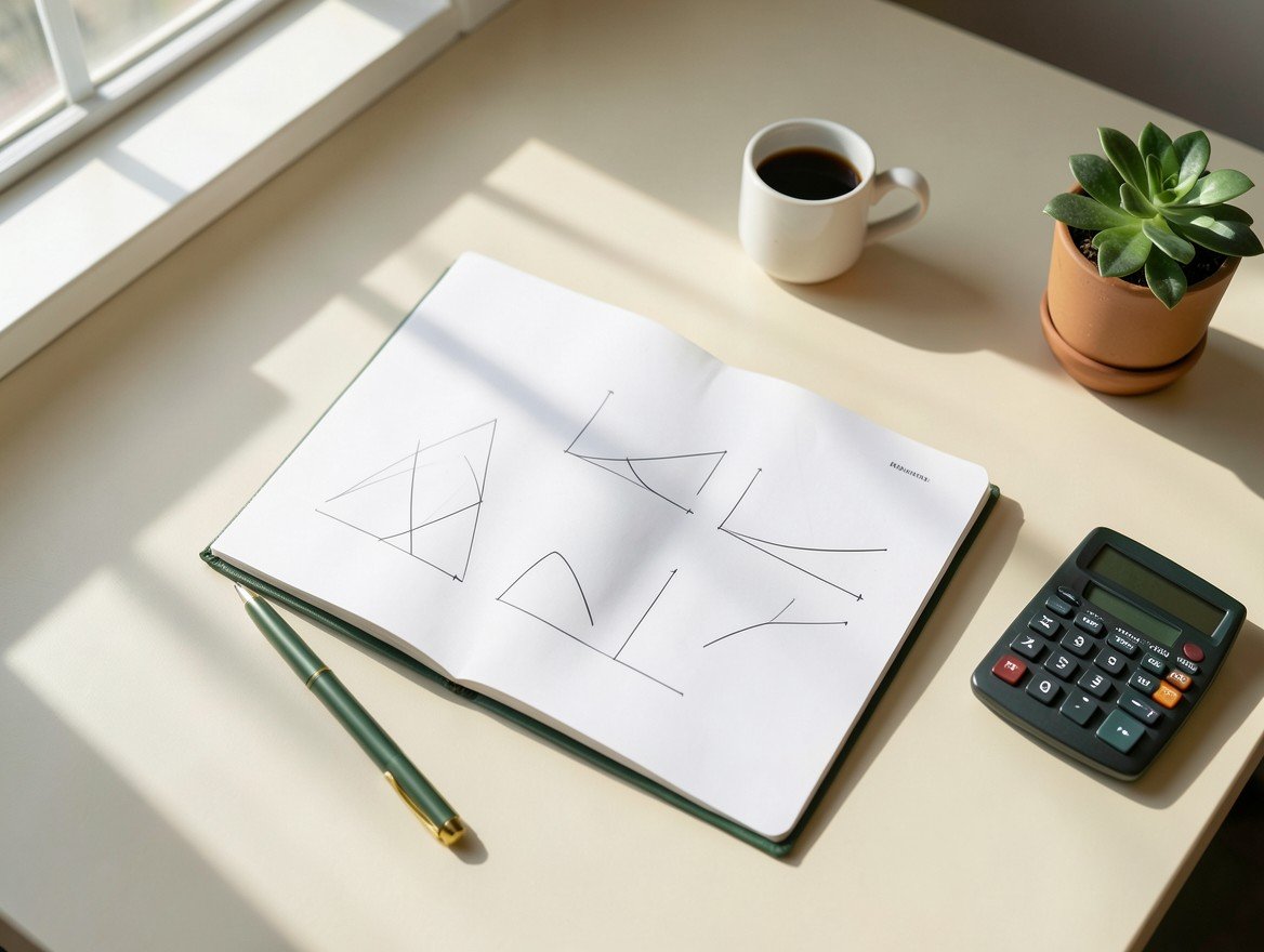 Cuaderno abierto, calculadora y café sobre una mesa iluminada, listos para planear un presupuesto